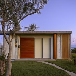 Front view of a creatively designed dream house. A single-story structure that blends wood and cement, encapsulating modern and vintage elements