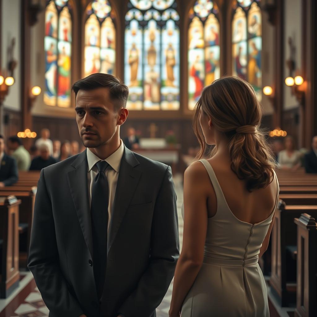 A poignant scene capturing a man and a woman in a beautiful, serene church setting, both looking somber and reflective as they stand apart from each other
