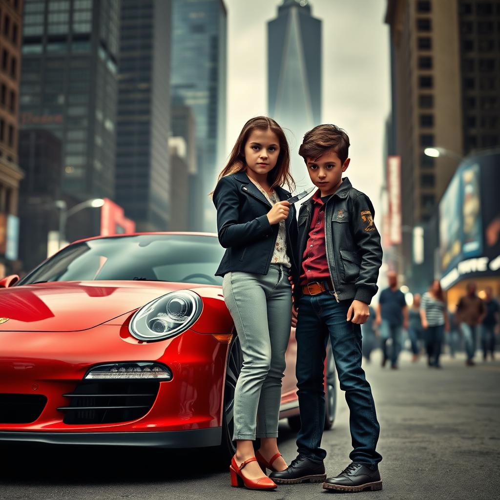 A dramatic scene set in New York City featuring iconic skyscrapers in the background