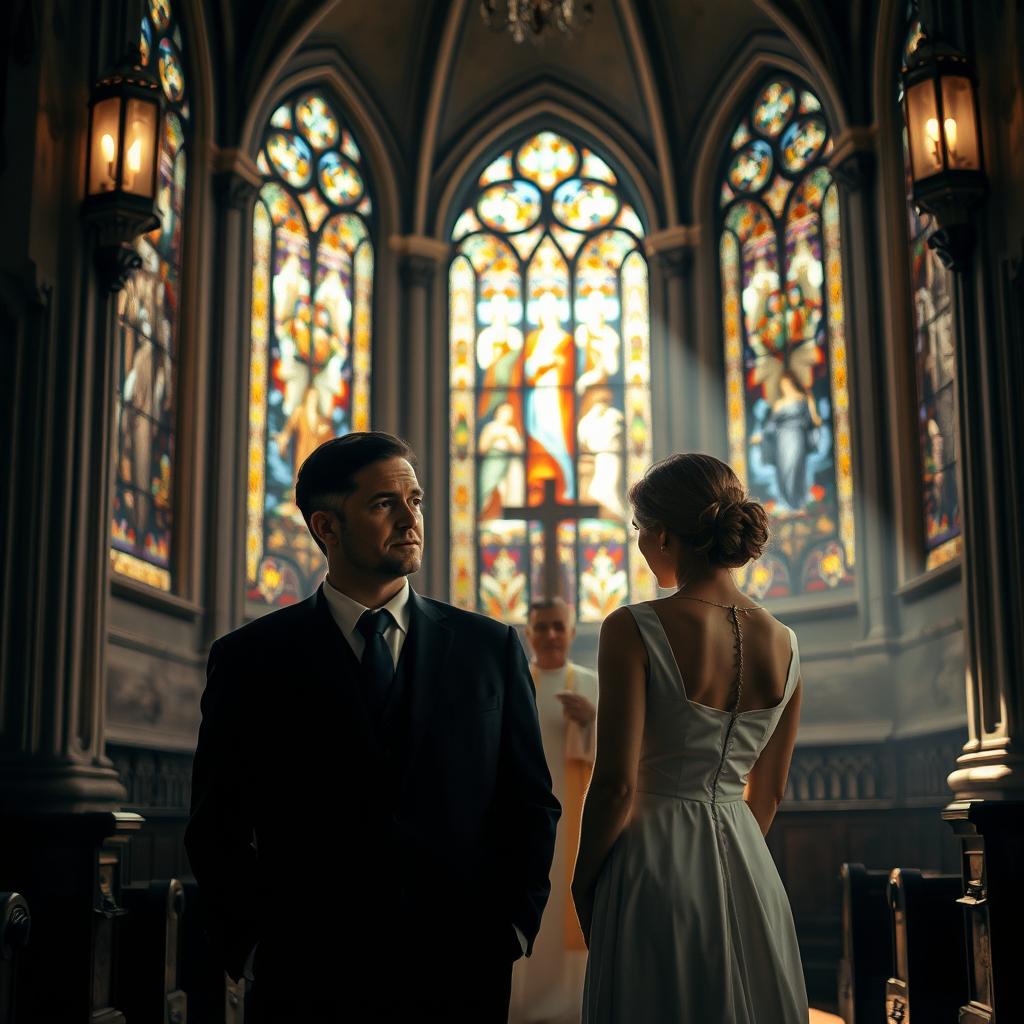 A somber scene inside a beautifully detailed church, featuring a man and a woman standing before a priest, surrounded by elegant stained glass windows filtering colorful light into the interior