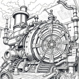 An intricate black and white drawing of a giant, ungainly dwarven machine, showcasing its industrial complexity and fantastical elements
