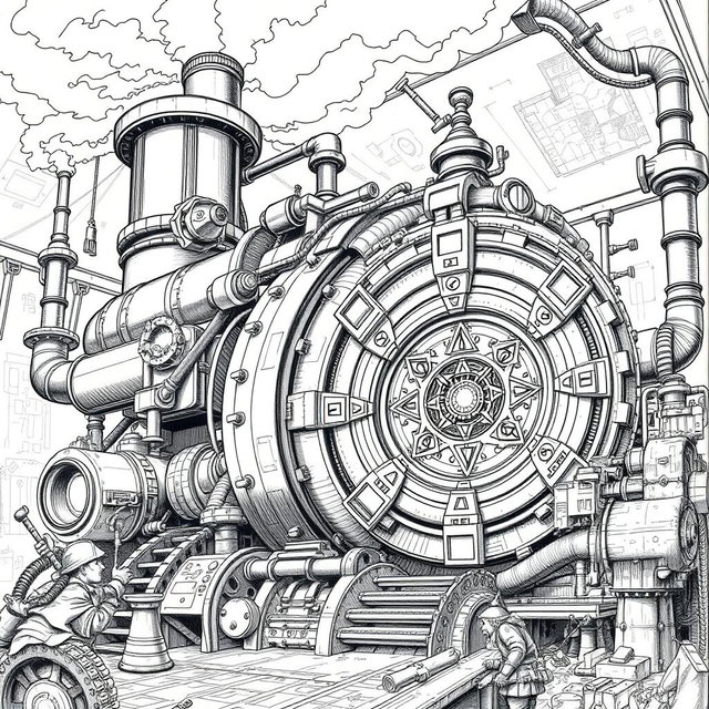 An intricate black and white drawing of a giant, ungainly dwarven machine, showcasing its industrial complexity and fantastical elements