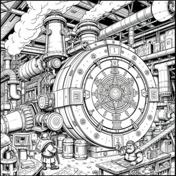 An intricate black and white drawing of a giant, ungainly dwarven machine, showcasing its industrial complexity and fantastical elements