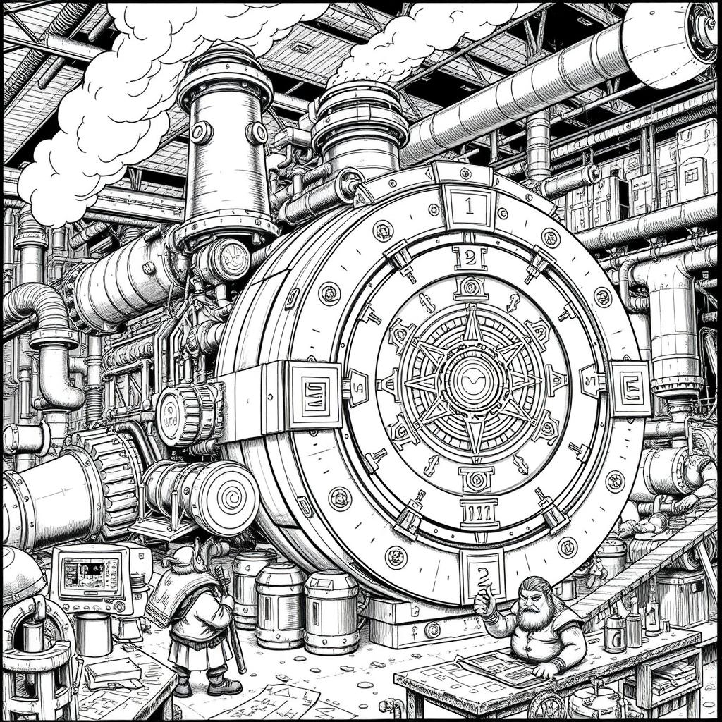 An intricate black and white drawing of a giant, ungainly dwarven machine, showcasing its industrial complexity and fantastical elements