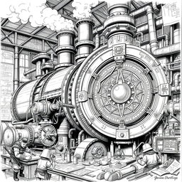 An intricate black and white drawing of a giant, ungainly dwarven machine, showcasing its industrial complexity and fantastical elements