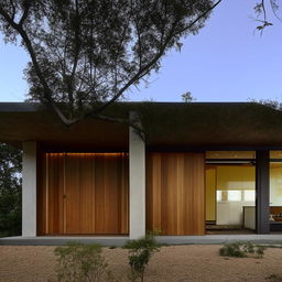 Front view of a creatively designed dream house. A single-story structure that blends wood and cement, encapsulating modern and vintage elements