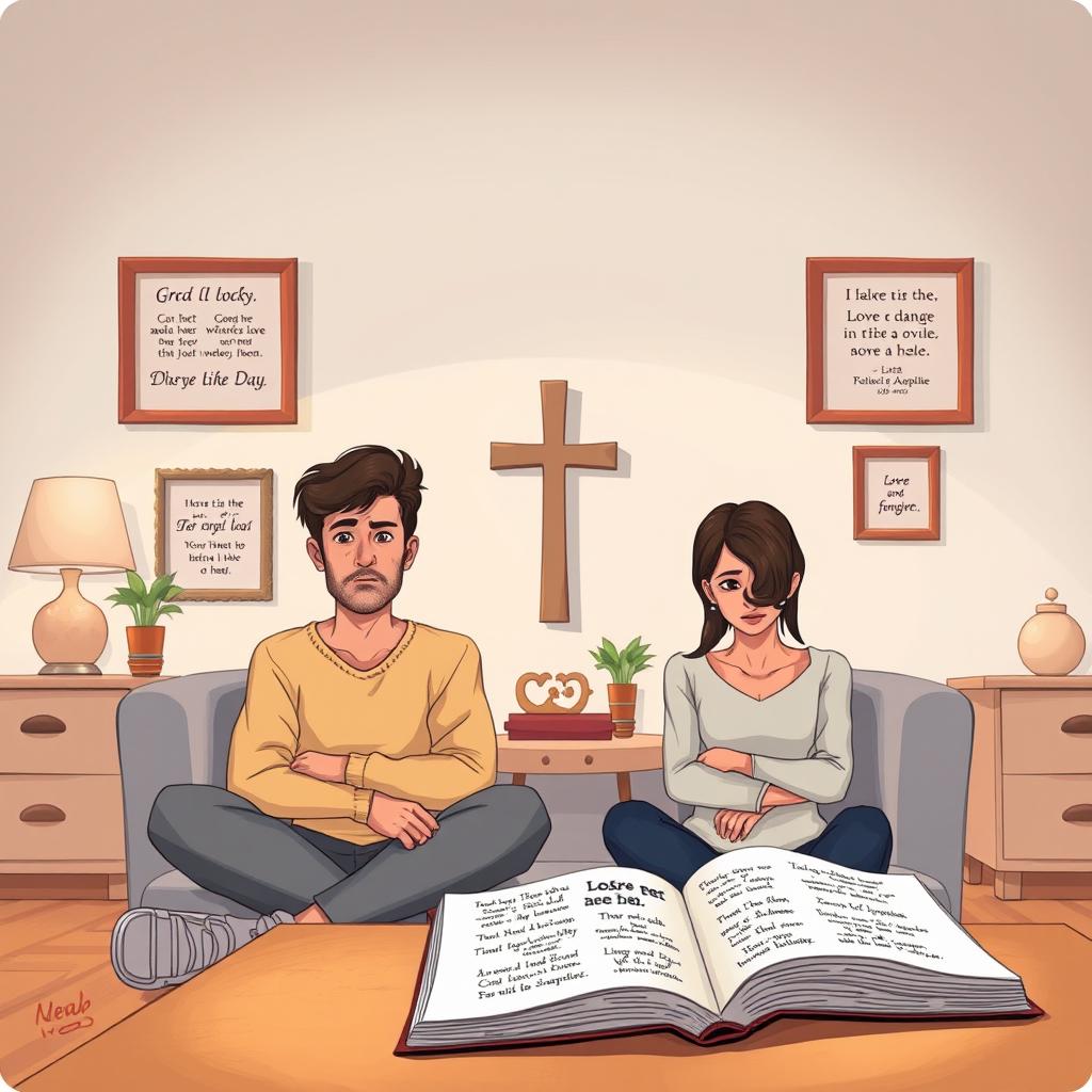 A thoughtful illustration depicting a contemplative couple sitting apart in a beautifully decorated room, symbolizing emotional distance during a Christian divorce