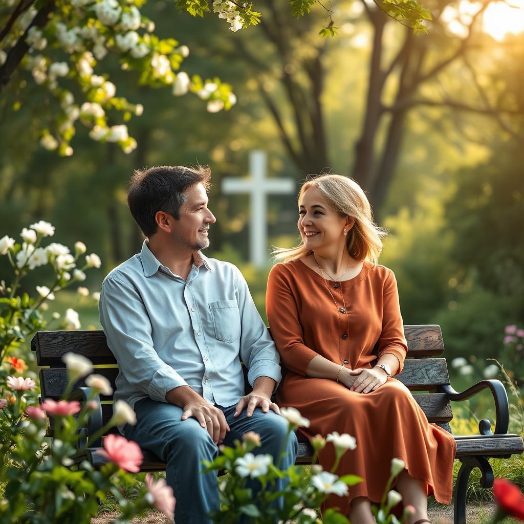 A serene and peaceful scene depicting a Christian couple in a thoughtful conversation regarding their decision to divorce