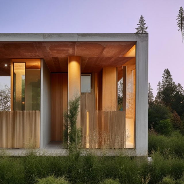 Front view of a creatively designed dream house. A single-story structure that blends wood and cement, encapsulating modern and vintage elements