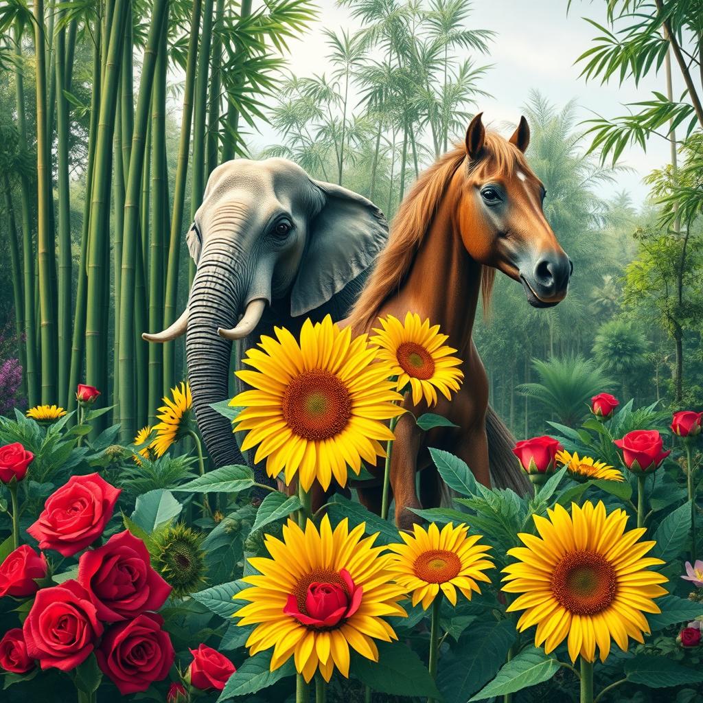 A vibrant jungle scene showcasing a variety of animals and plants, highlighting an elephant standing majestically beside a faster-looking horse in a dynamic pose