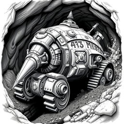 An elaborate black and white drawing of a dwarven mole-shaped digger machine, designed for underground travel and excavation