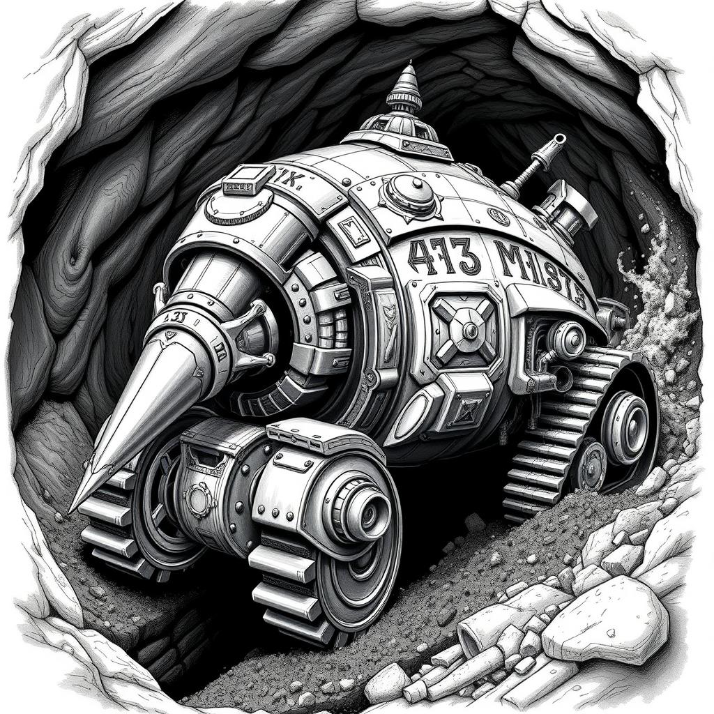 An elaborate black and white drawing of a dwarven mole-shaped digger machine, designed for underground travel and excavation