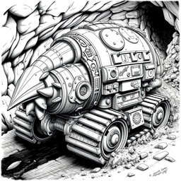 An elaborate black and white drawing of a dwarven mole-shaped digger machine, designed for underground travel and excavation