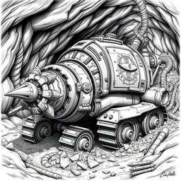 An elaborate black and white drawing of a dwarven mole-shaped digger machine, designed for underground travel and excavation
