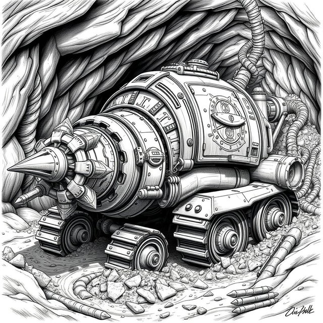 An elaborate black and white drawing of a dwarven mole-shaped digger machine, designed for underground travel and excavation