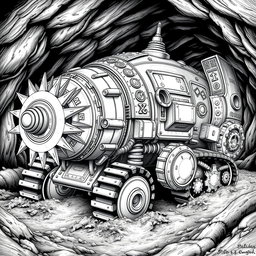 An elaborate black and white drawing of a dwarven mole-shaped digger machine, designed for underground travel and excavation