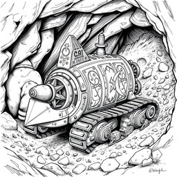 A detailed black and white drawing of a dwarven mole-shaped digger machine, showcasing its unique design and functionality