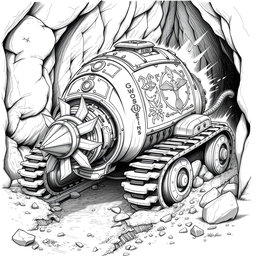 A detailed black and white drawing of a dwarven mole-shaped digger machine, showcasing its unique design and functionality