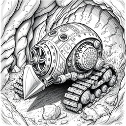 A detailed black and white drawing of a dwarven mole-shaped digger machine, showcasing its unique design and functionality