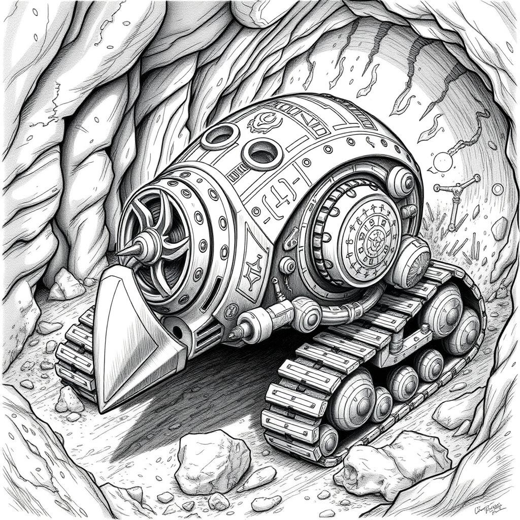 A detailed black and white drawing of a dwarven mole-shaped digger machine, showcasing its unique design and functionality