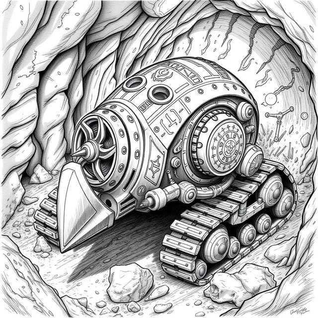 A detailed black and white drawing of a dwarven mole-shaped digger machine, showcasing its unique design and functionality