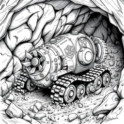A detailed black and white drawing of a dwarven mole-shaped digger machine, showcasing its unique design and functionality