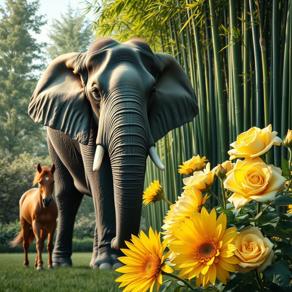 A large, majestic elephant stands next to a smaller horse, showcasing the elephant's calm and imposing presence to emphasize its size