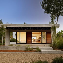 Front view of a creatively designed dream house. A single-story structure that blends wood and cement, encapsulating modern and vintage elements