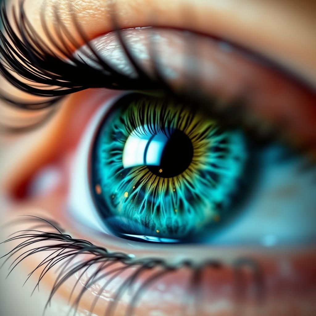 A close-up, highly detailed image of an eye, showcasing an eye with perfect symmetry, captivating colors of blue and green blending beautifully, with a glossy sheen that reflects light