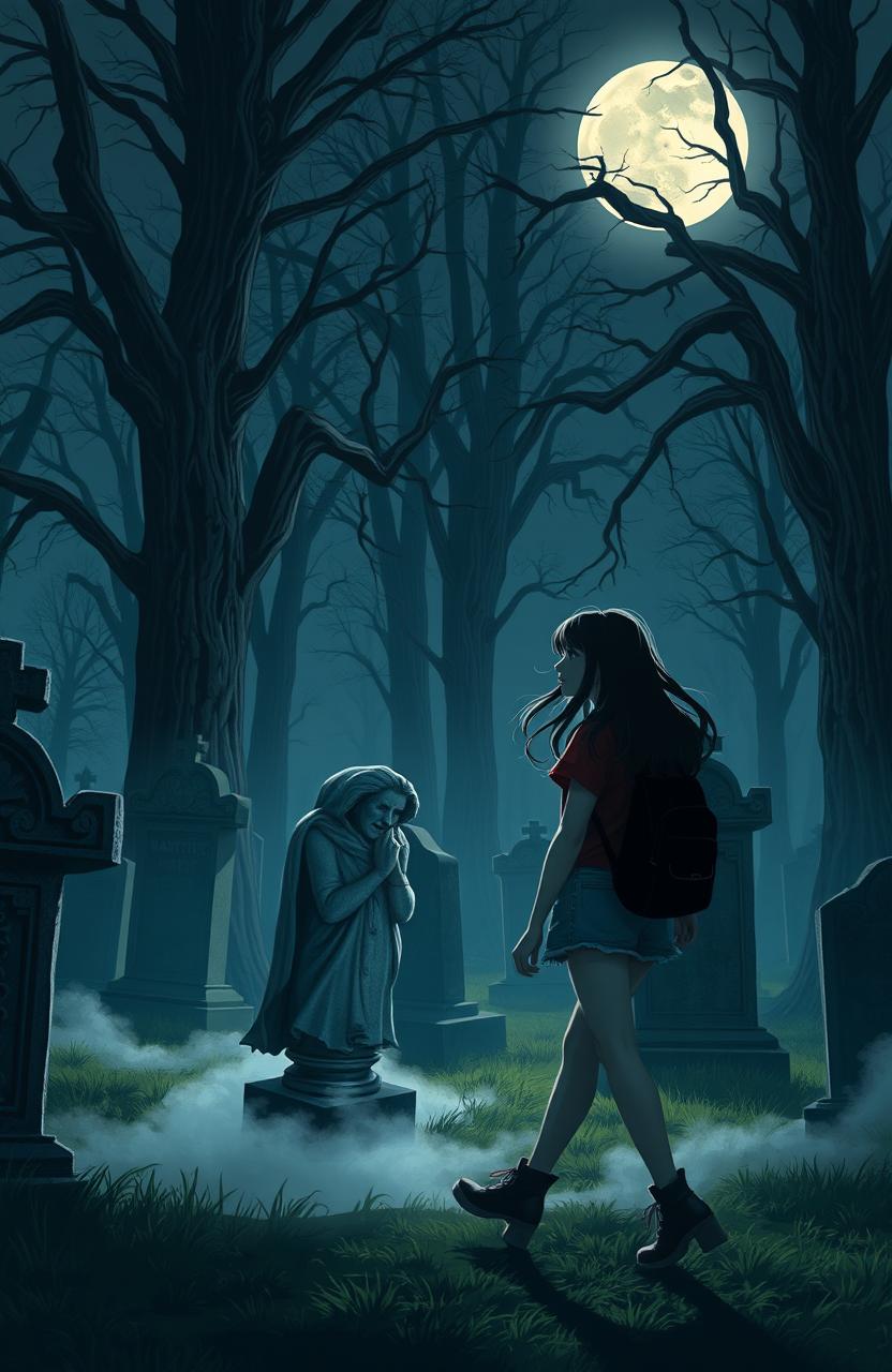 A mysterious teenage girl walking through a moonlit cemetery at night, her silhouette casting shadows on the ancient gravestones
