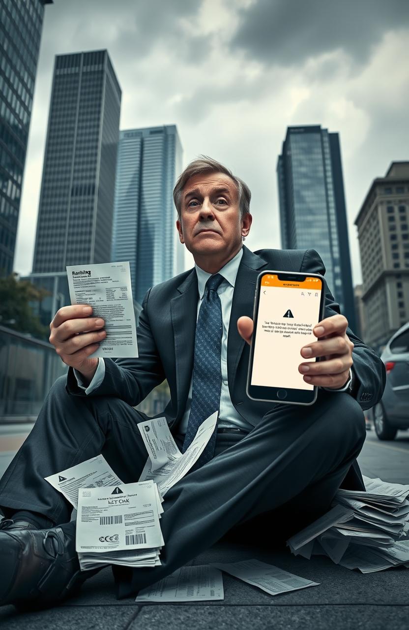 A dramatic scene illustrating a person overwhelmed by debt, depicted in a modern urban environment