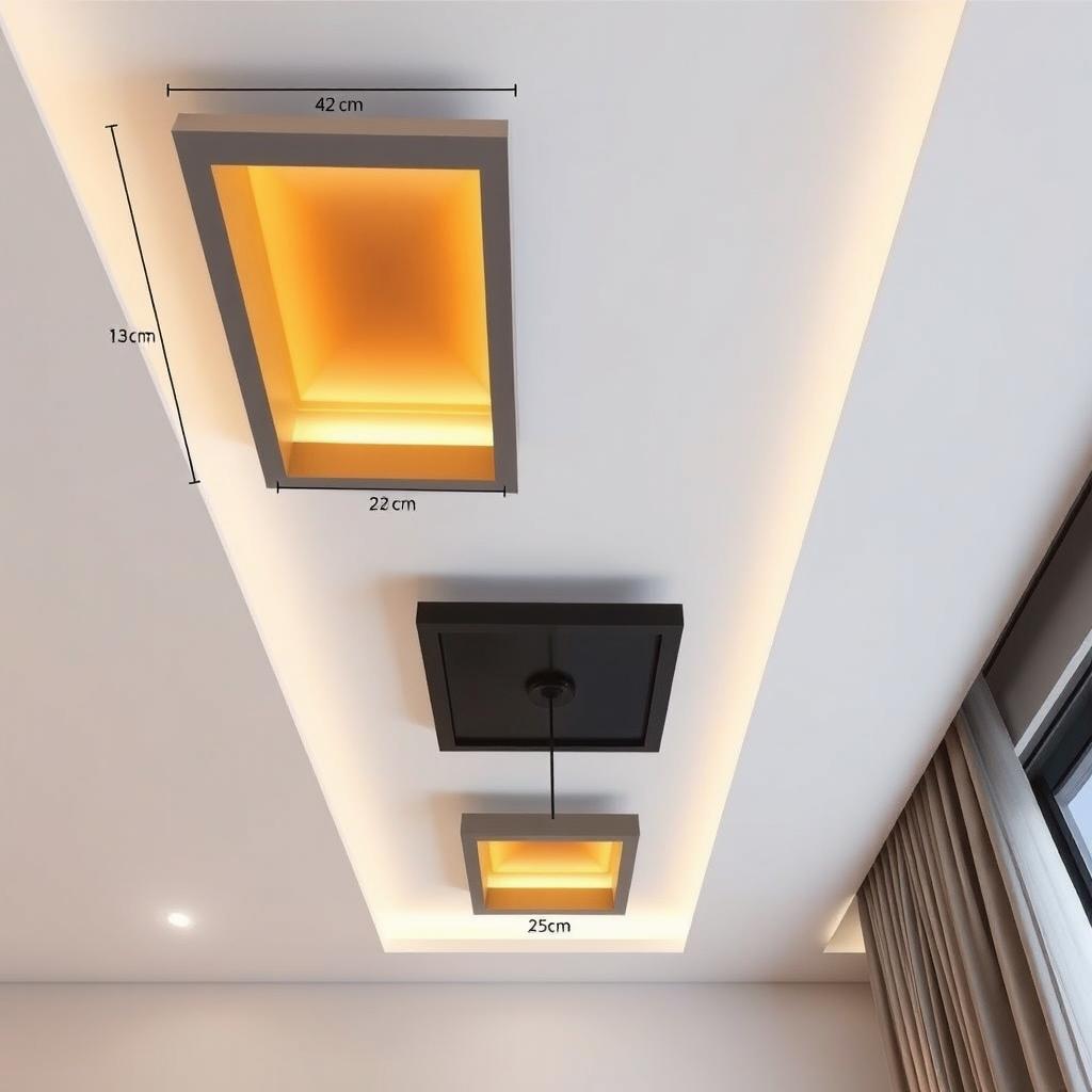 A beautifully designed gypsum board ceiling for a modern room, with precise dimensions and details
