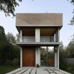 Front view of a creatively designed, two-story dream house, mixing old and modern styles, made predominantly from wood and cement