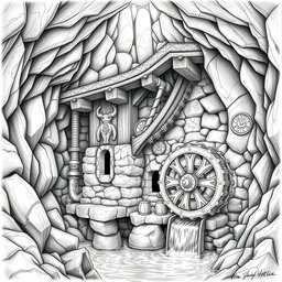 A beautifully detailed black and white drawing of a well-designed dwarven underground watermill, showcasing its unique architecture and functionality