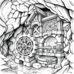 A beautifully detailed black and white drawing of a well-designed dwarven underground watermill, showcasing its unique architecture and functionality