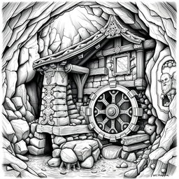 A beautifully detailed black and white drawing of a well-designed dwarven underground watermill, showcasing its unique architecture and functionality