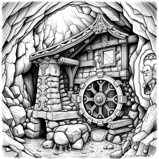 A beautifully detailed black and white drawing of a well-designed dwarven underground watermill, showcasing its unique architecture and functionality