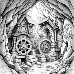 A beautifully detailed black and white drawing of a well-designed dwarven underground watermill, showcasing its unique architecture and functionality