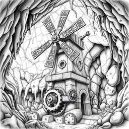 A meticulously crafted black and white drawing of a well-designed dwarven underground windmill, showcasing its unique architectural features
