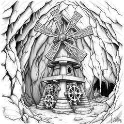 A meticulously crafted black and white drawing of a well-designed dwarven underground windmill, showcasing its unique architectural features