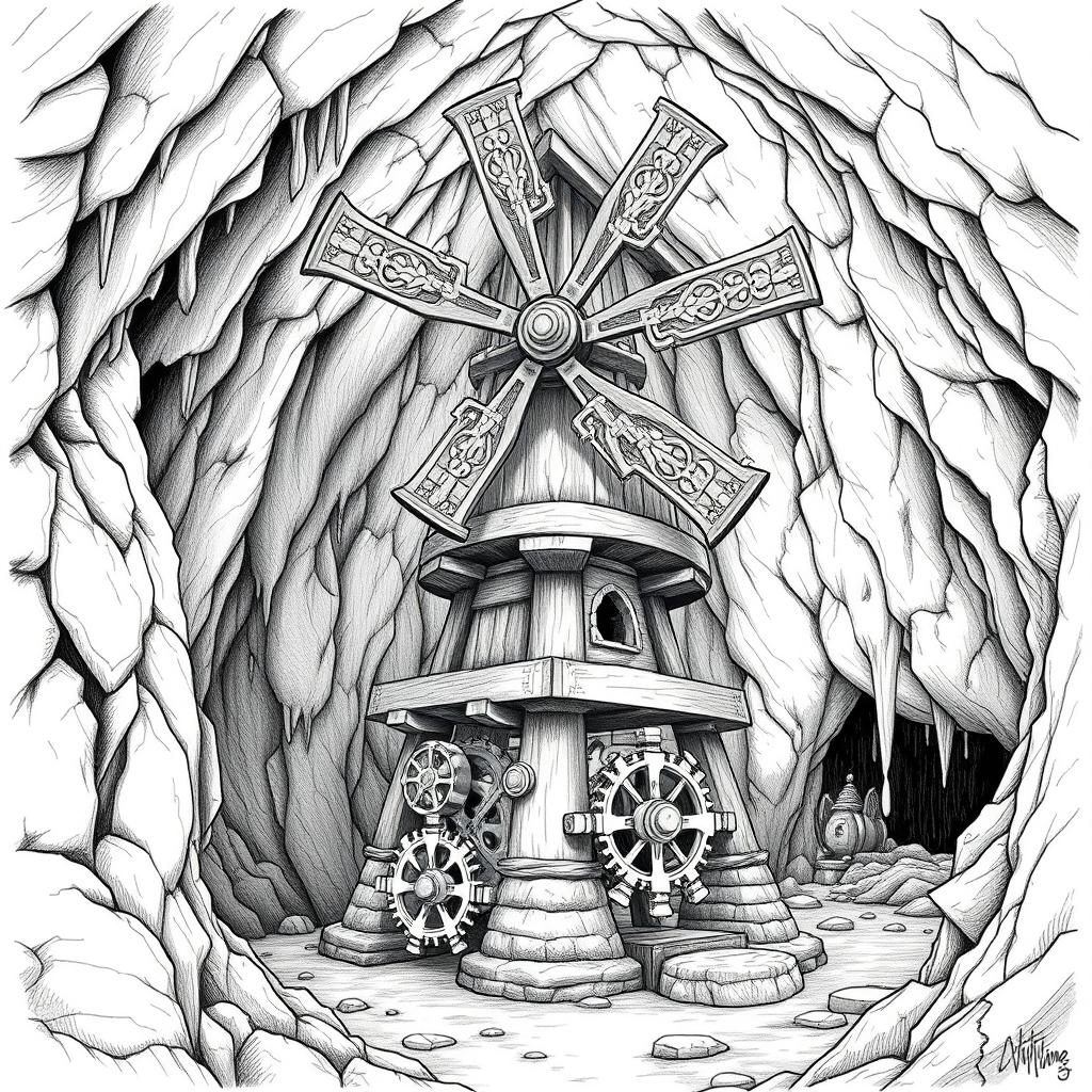 A meticulously crafted black and white drawing of a well-designed dwarven underground windmill, showcasing its unique architectural features
