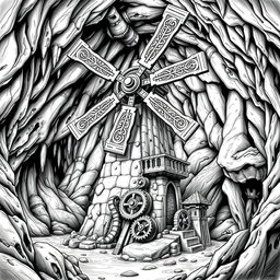 A meticulously crafted black and white drawing of a well-designed dwarven underground windmill, showcasing its unique architectural features