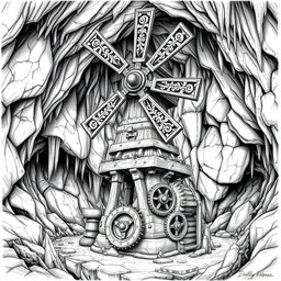 A meticulously crafted black and white drawing of a well-designed dwarven underground windmill, showcasing its unique architectural features
