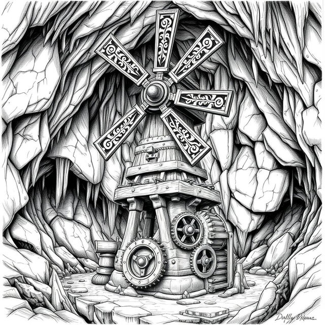 A meticulously crafted black and white drawing of a well-designed dwarven underground windmill, showcasing its unique architectural features