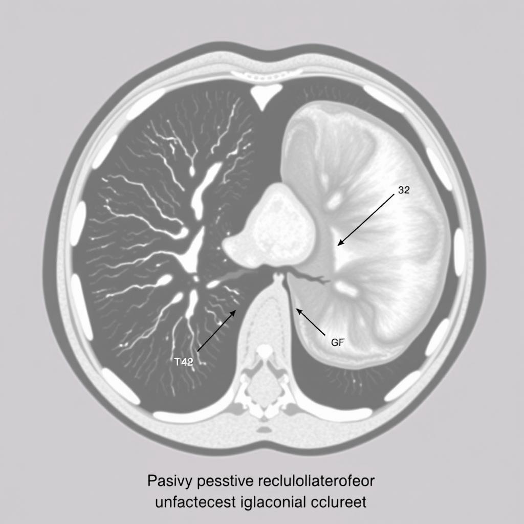 A detailed medical illustration of a chest CT scan without contrast, prominently displaying severe right-sided pleural effusion