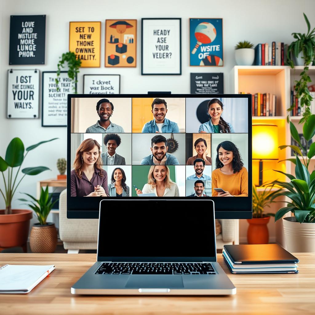 A vibrant and informative online webinar scene, showcasing a diverse group of professionals engaged in a virtual meeting