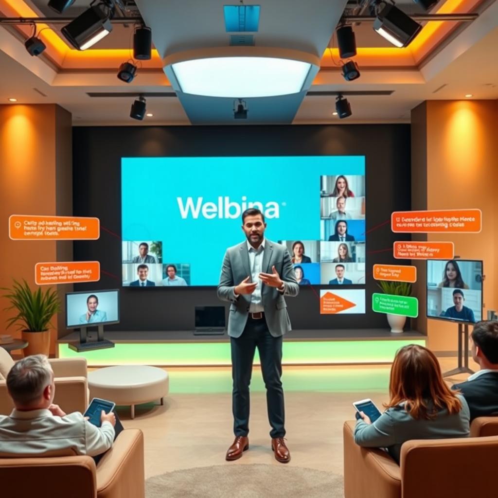 An engaging online webinar scene, featuring a dynamic host standing in front of a large digital screen displaying the topic of discussion