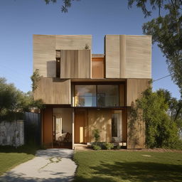 Front view of a creatively designed, two-story dream house, mixing old and modern styles, made predominantly from wood and cement