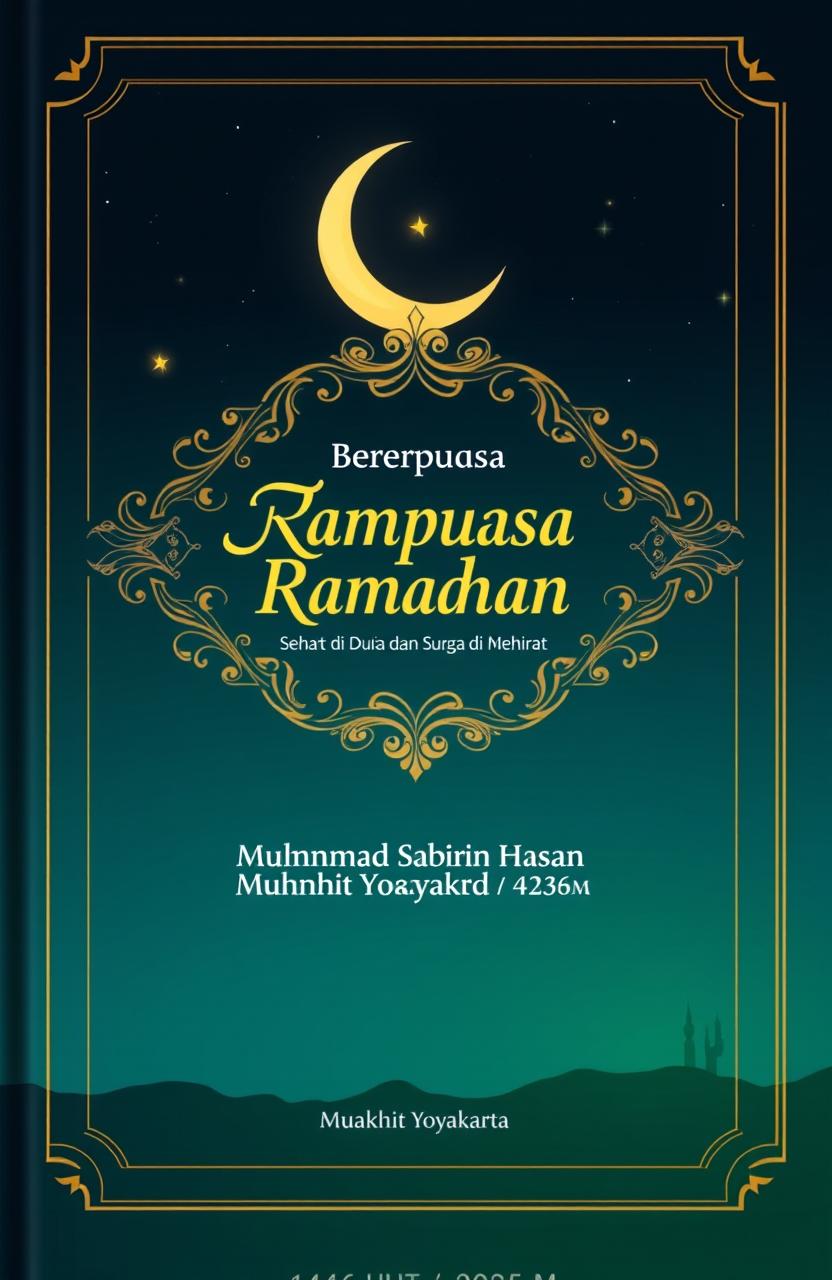 A beautifully designed book cover for the title 'Berpuasa Ramadhan Sehat di Dunia dan Surga di Akhirat'