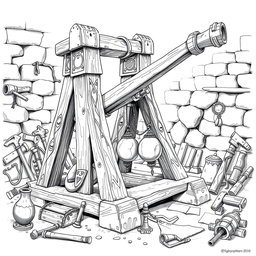 A meticulously detailed black and white drawing of a well-designed dwarven trebuchet, showcasing its intricate engineering and artistry
